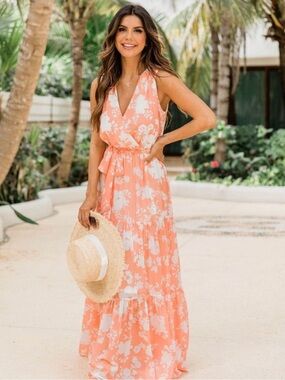 Pink Lily Orange Sunset Floral Orange Maxi Dress
